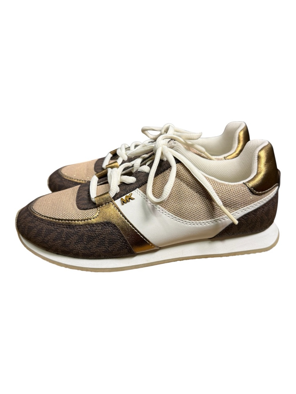 Michael Kors Womens 8M Brown MK Logo Gold Metallic Lace Up Sneakers